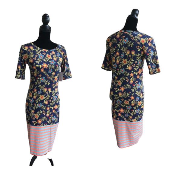 LuLaRoe Julia Dress Blue Orange Green Floral Stripes NEW NWT Size‎ Small - Picture 2 of 7